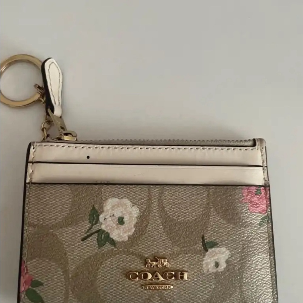 Coach Floral Keychain Wallet - Tan and White